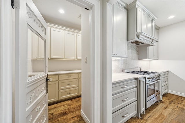 kitchen featuring high end stainless steel range, light hardwood / wood-style flooring, and decorative backsplash