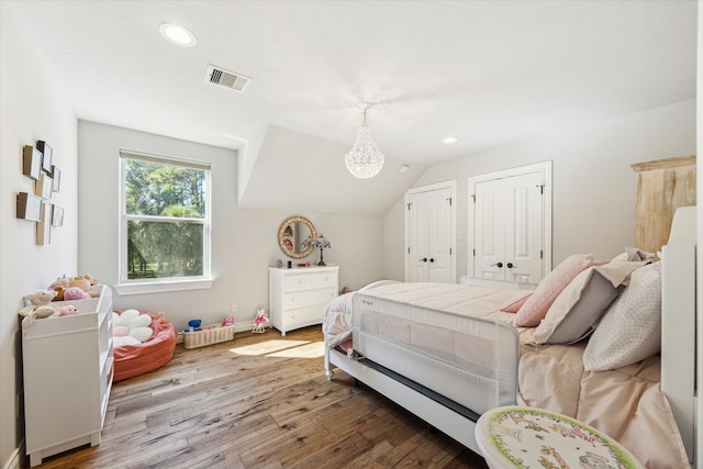 bedroom featuring vaulted ceiling, hardwood / wood-style floors, and multiple closets