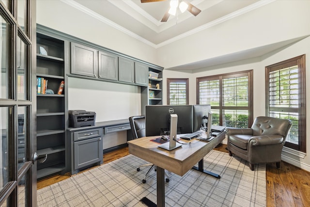 office featuring ornamental molding, a raised ceiling, light hardwood / wood-style flooring, and ceiling fan