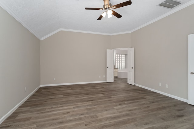 unfurnished room featuring ornamental molding, a textured ceiling, vaulted ceiling, ceiling fan, and dark wood-type flooring