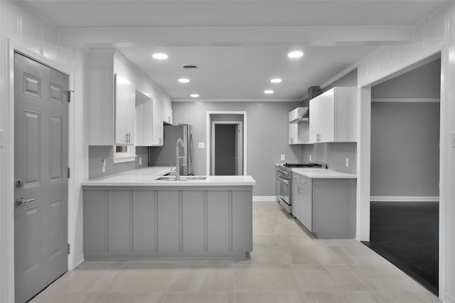 kitchen featuring a peninsula, stainless steel appliances, and light countertops