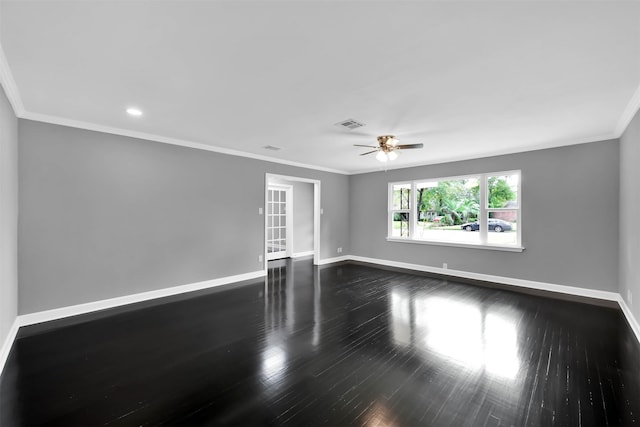 empty room with ceiling fan, baseboards, dark wood-style flooring, and ornamental molding