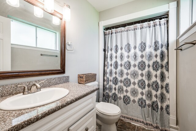 bathroom with vanity, toilet, and a shower with curtain