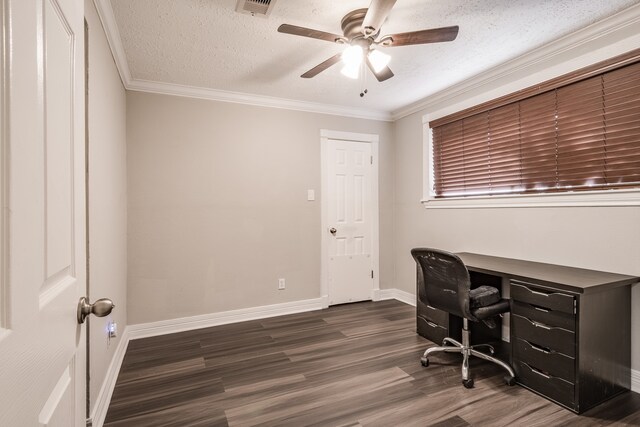 home office with ornamental molding, a textured ceiling, ceiling fan, and dark hardwood / wood-style floors