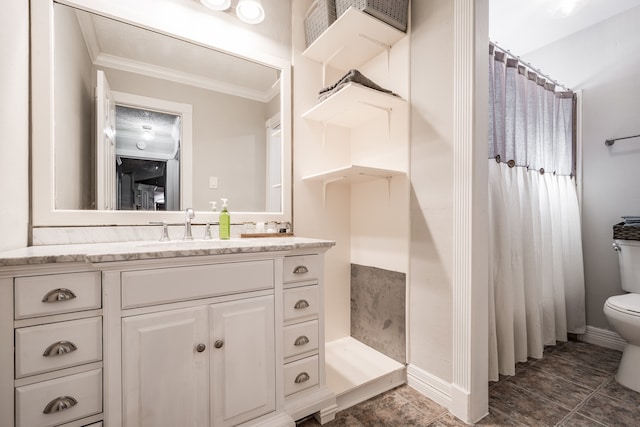 bathroom with vanity, a shower with shower curtain, crown molding, toilet, and tile patterned floors