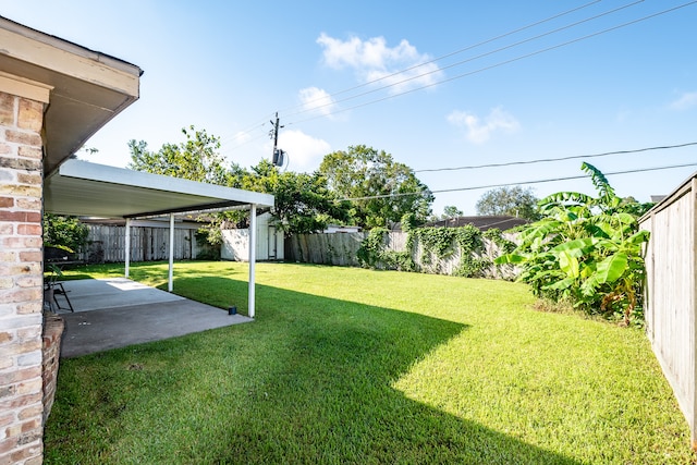 view of yard featuring a storage unit and a patio area