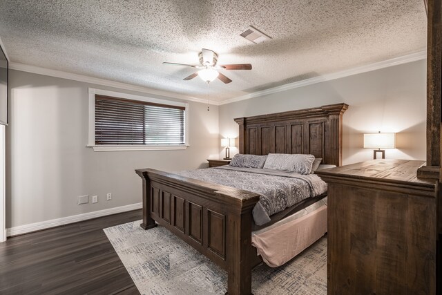 bedroom featuring a textured ceiling, ceiling fan, ornamental molding, and dark hardwood / wood-style flooring