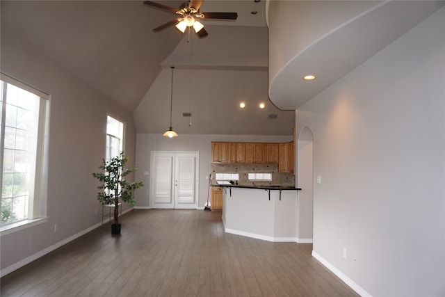 kitchen with hardwood / wood-style floors, high vaulted ceiling, and a wealth of natural light