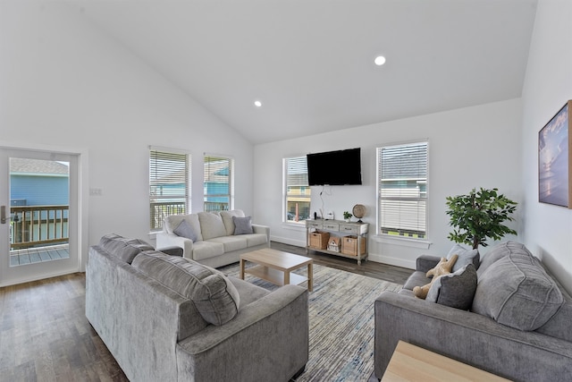 living room with dark wood-type flooring and high vaulted ceiling