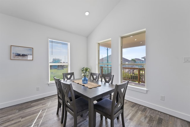 dining room featuring high vaulted ceiling and wood-type flooring