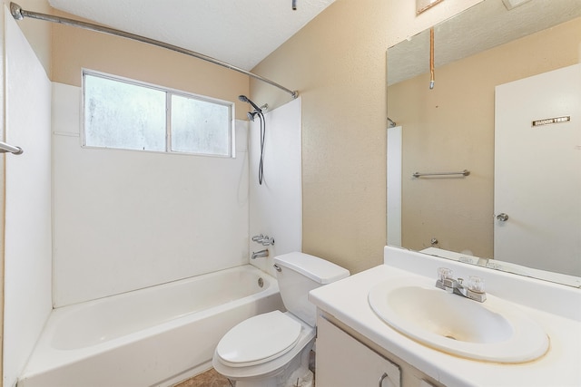 full bathroom featuring toilet, a textured ceiling, shower / bathing tub combination, and vanity