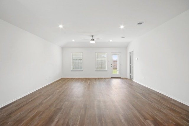 interior space featuring dark hardwood / wood-style flooring and ceiling fan