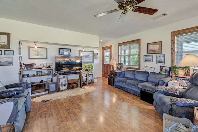 living room with ceiling fan and wood-type flooring