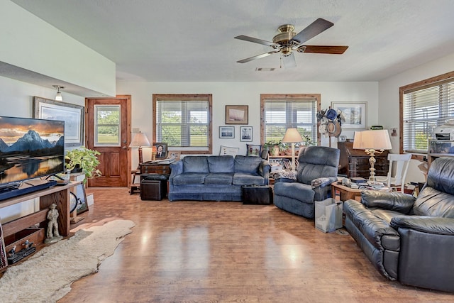 living room featuring ceiling fan, a wealth of natural light, a textured ceiling, and light hardwood / wood-style flooring