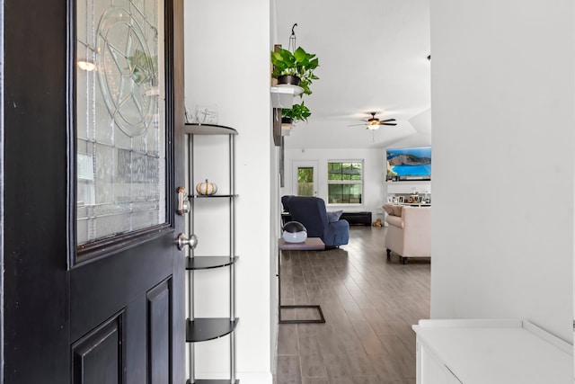 foyer entrance with ceiling fan and hardwood / wood-style flooring