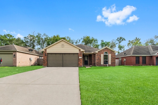 ranch-style house with a garage and a front yard