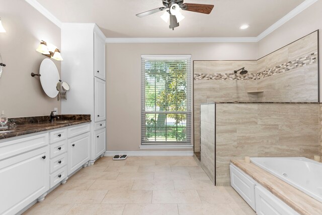 bathroom featuring separate shower and tub, tile patterned floors, ornamental molding, vanity, and ceiling fan