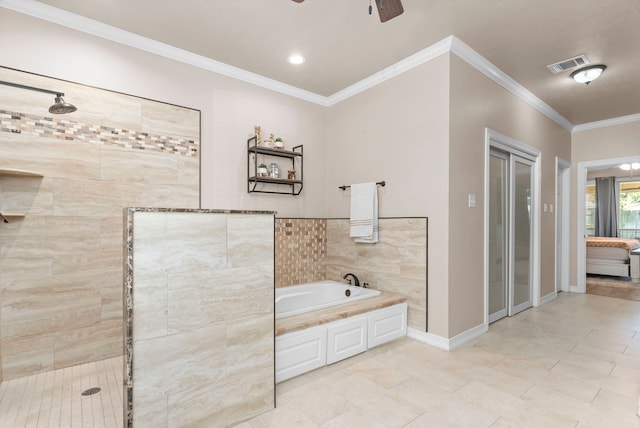 bathroom with crown molding, shower with separate bathtub, ceiling fan, and tile patterned floors