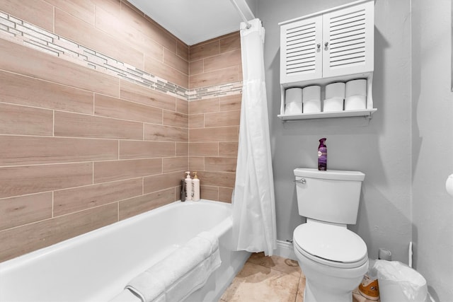 bathroom with toilet and shower / bathtub combination with curtain