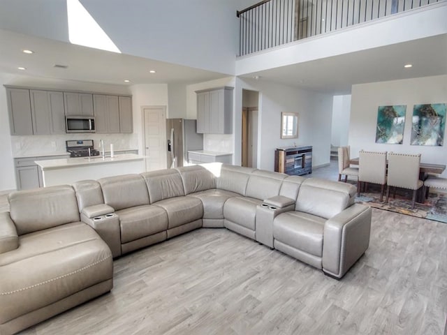 living room with light hardwood / wood-style flooring, a towering ceiling, and sink