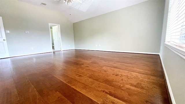 unfurnished room with vaulted ceiling, wood-type flooring, and ceiling fan