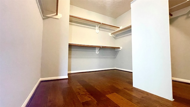 walk in closet with dark wood-type flooring