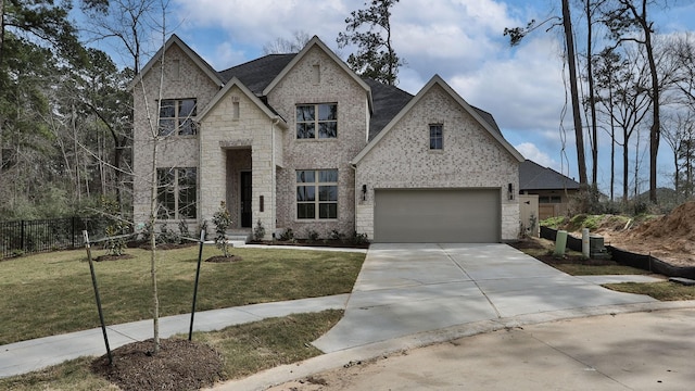 french country style house with driveway, fence, a front yard, a garage, and brick siding