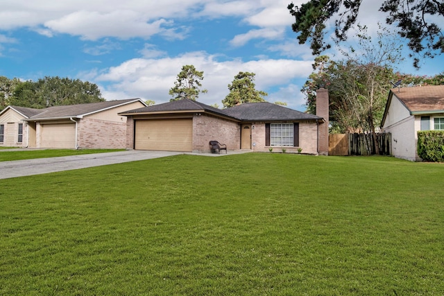 ranch-style home with a garage and a front lawn