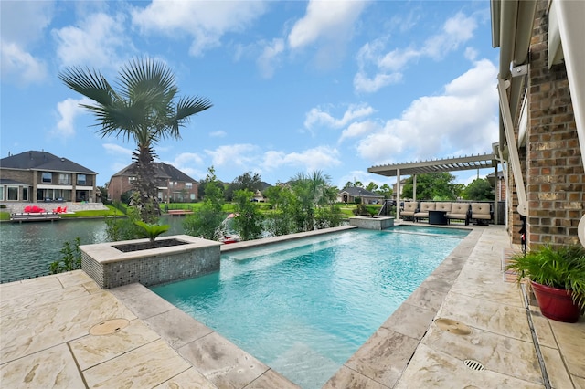 view of pool with an in ground hot tub, a pergola, outdoor lounge area, a water view, and a patio area