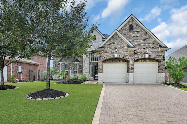 view of front of house with a front yard and a garage