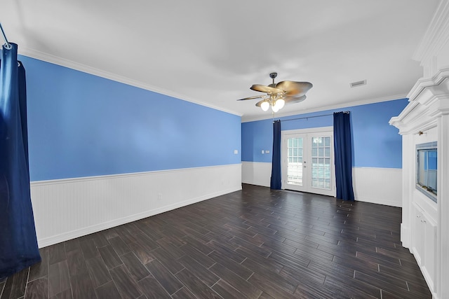 unfurnished room featuring ceiling fan, ornamental molding, and french doors