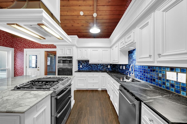 kitchen with wood ceiling, decorative light fixtures, white cabinetry, and appliances with stainless steel finishes