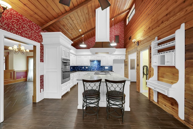 kitchen featuring wood ceiling, an inviting chandelier, high vaulted ceiling, beamed ceiling, and white cabinets