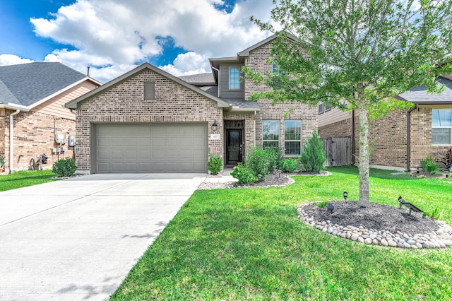 view of front of property featuring a front yard and a garage