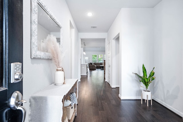 corridor with dark hardwood / wood-style flooring