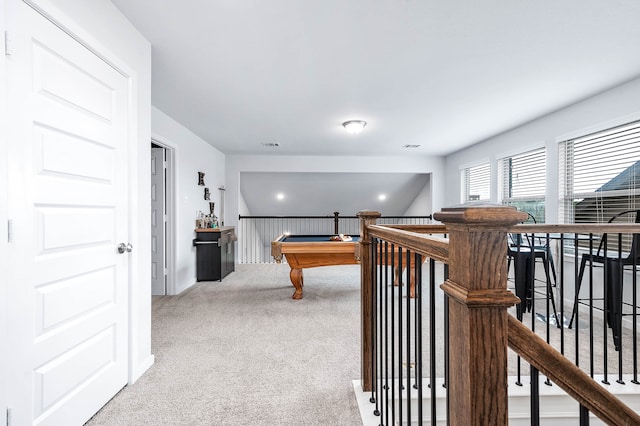 playroom with billiards and carpet floors