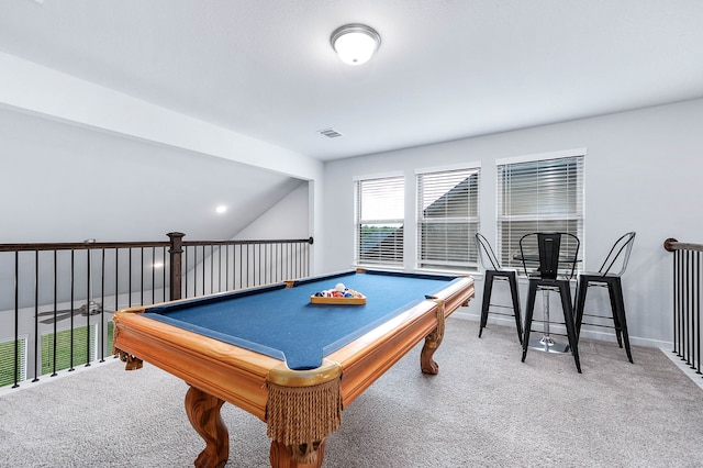 rec room featuring lofted ceiling, billiards, and carpet floors