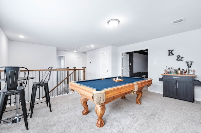 recreation room with billiards and light colored carpet