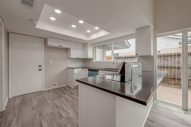 kitchen featuring light wood-type flooring, white cabinetry, a wealth of natural light, and stainless steel dishwasher