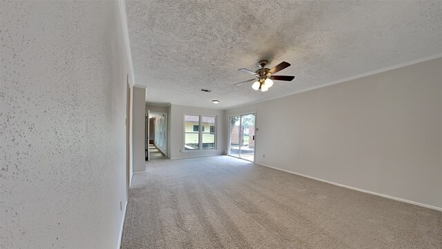 12414 Advance Dr, Houston, TX 77065 - empty room with ceiling fan, a textured ceiling, light colored carpet, baseboards, and ornamental molding