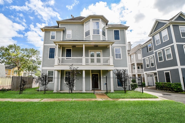 view of front of home featuring a front lawn, a porch, and a balcony