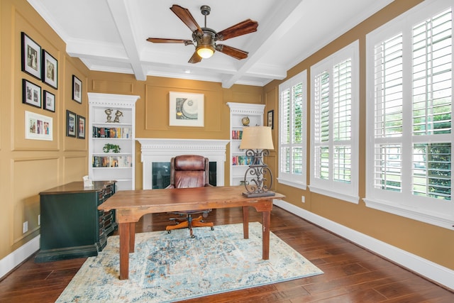 office with beam ceiling, ceiling fan, dark hardwood / wood-style floors, and coffered ceiling