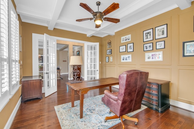 office with beamed ceiling, dark hardwood / wood-style flooring, french doors, and coffered ceiling