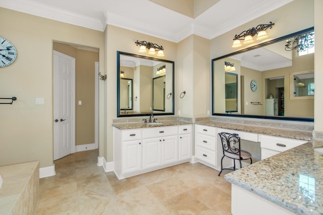 bathroom featuring tile patterned flooring, crown molding, and vanity