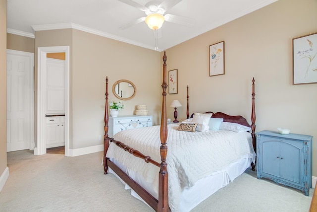 bedroom with ceiling fan, light carpet, and crown molding