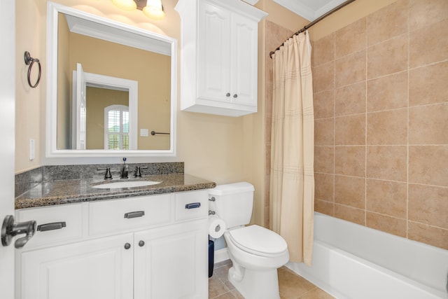 full bathroom featuring toilet, vanity, tile patterned flooring, shower / tub combo, and ornamental molding