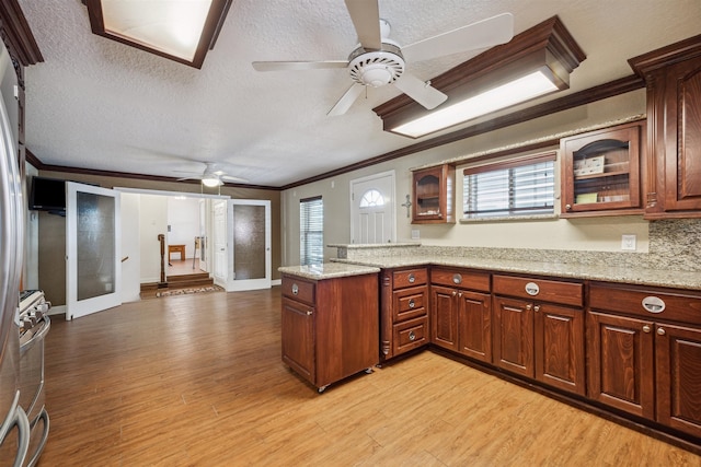 kitchen featuring light wood-type flooring, ceiling fan, crown molding, and a textured ceiling