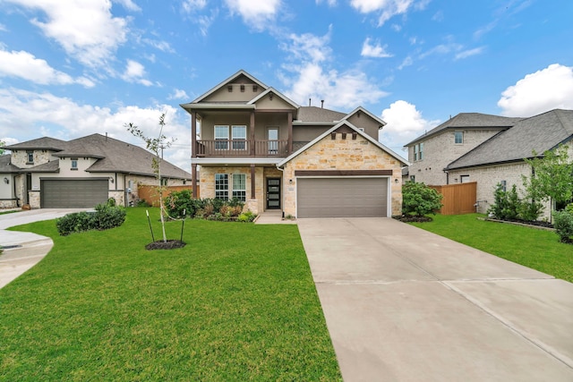 view of front facade with a front yard, a garage, and a balcony