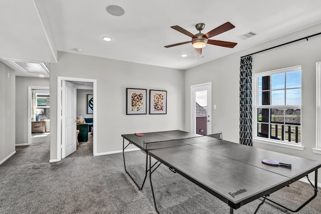 recreation room featuring carpet floors and ceiling fan