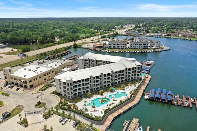 aerial view featuring a water view